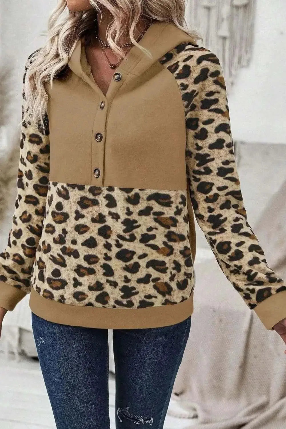 Women's Leopard Hoodie - Half Button Long Sleeve - Casual Chic