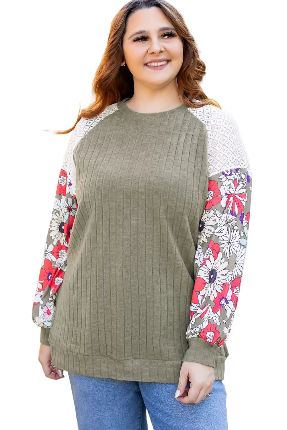 Accessories Love Salve Green Floral Blouse Women's Daily Elegant Top: Plus Size, Ribbed