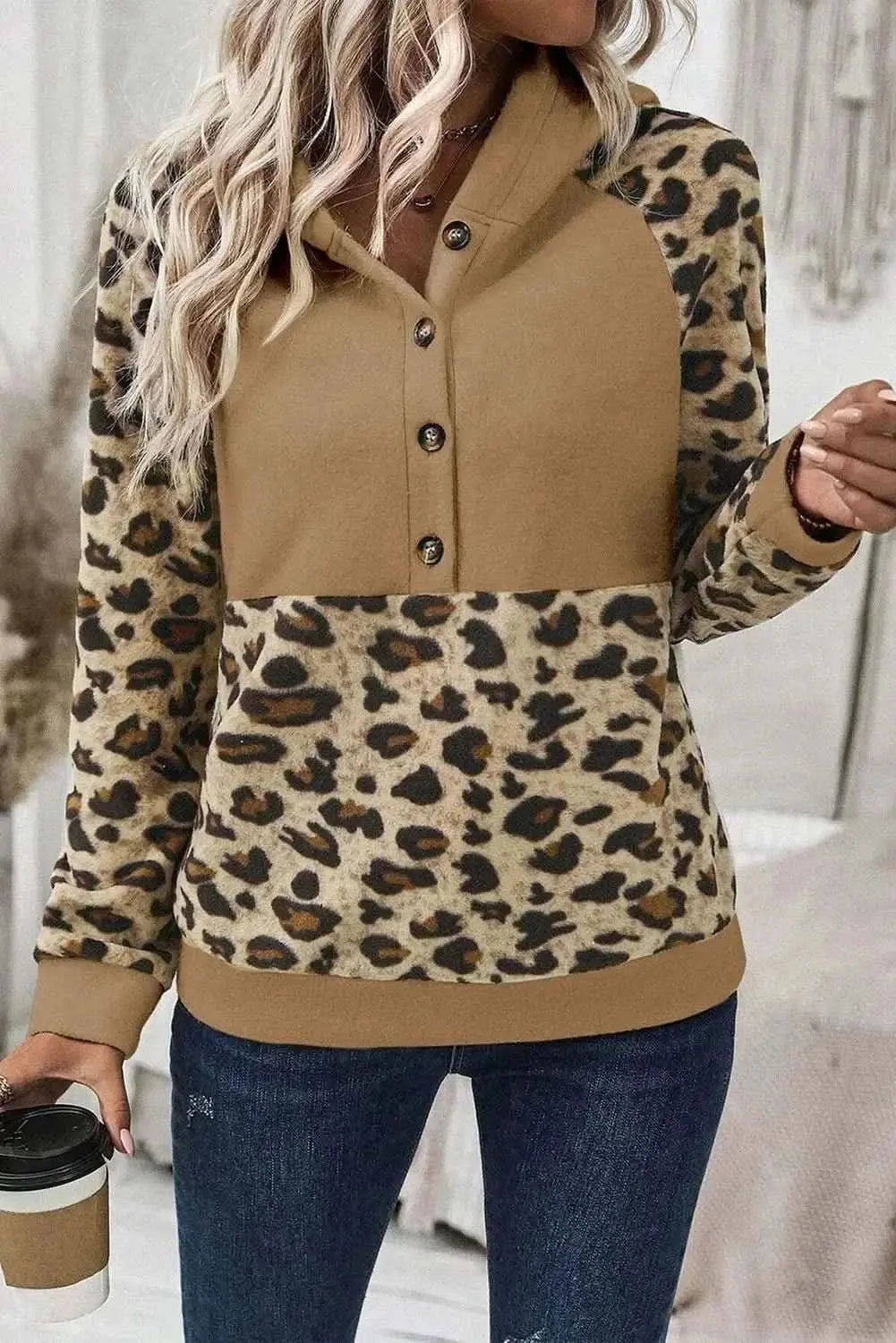 Women's Leopard Hoodie - Half Button Long Sleeve - Casual Chic