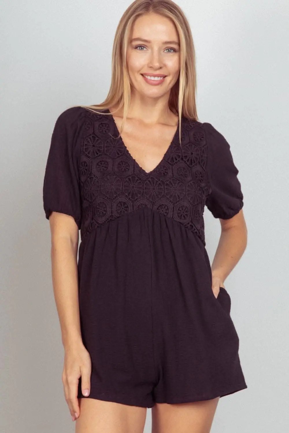 Dresses Trendsi Lace Romper Women's Casual Puff Sleeve Pockets Jumpsuit