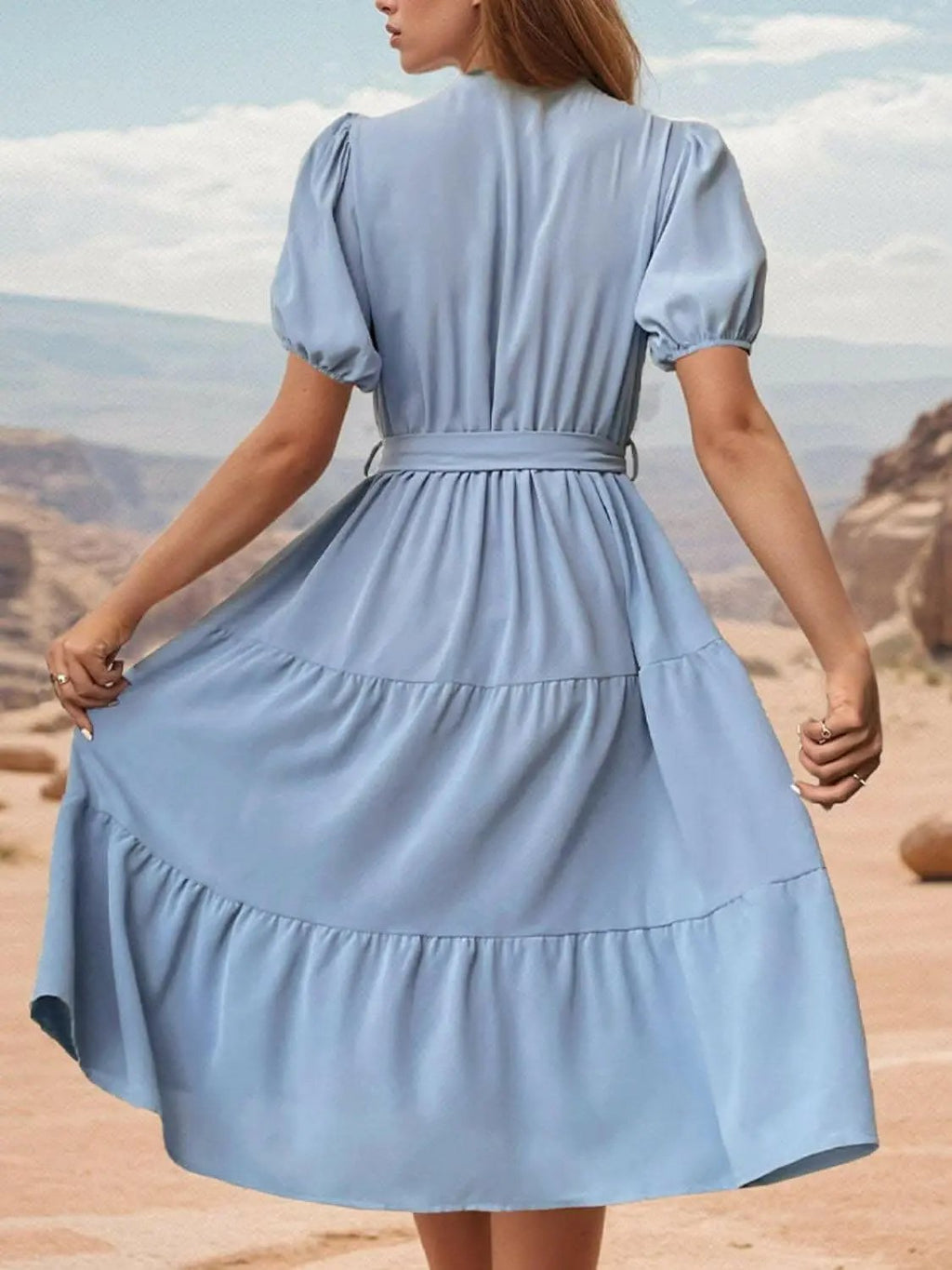 Trendsi Misty Blue Midi Dress with Tie Waist