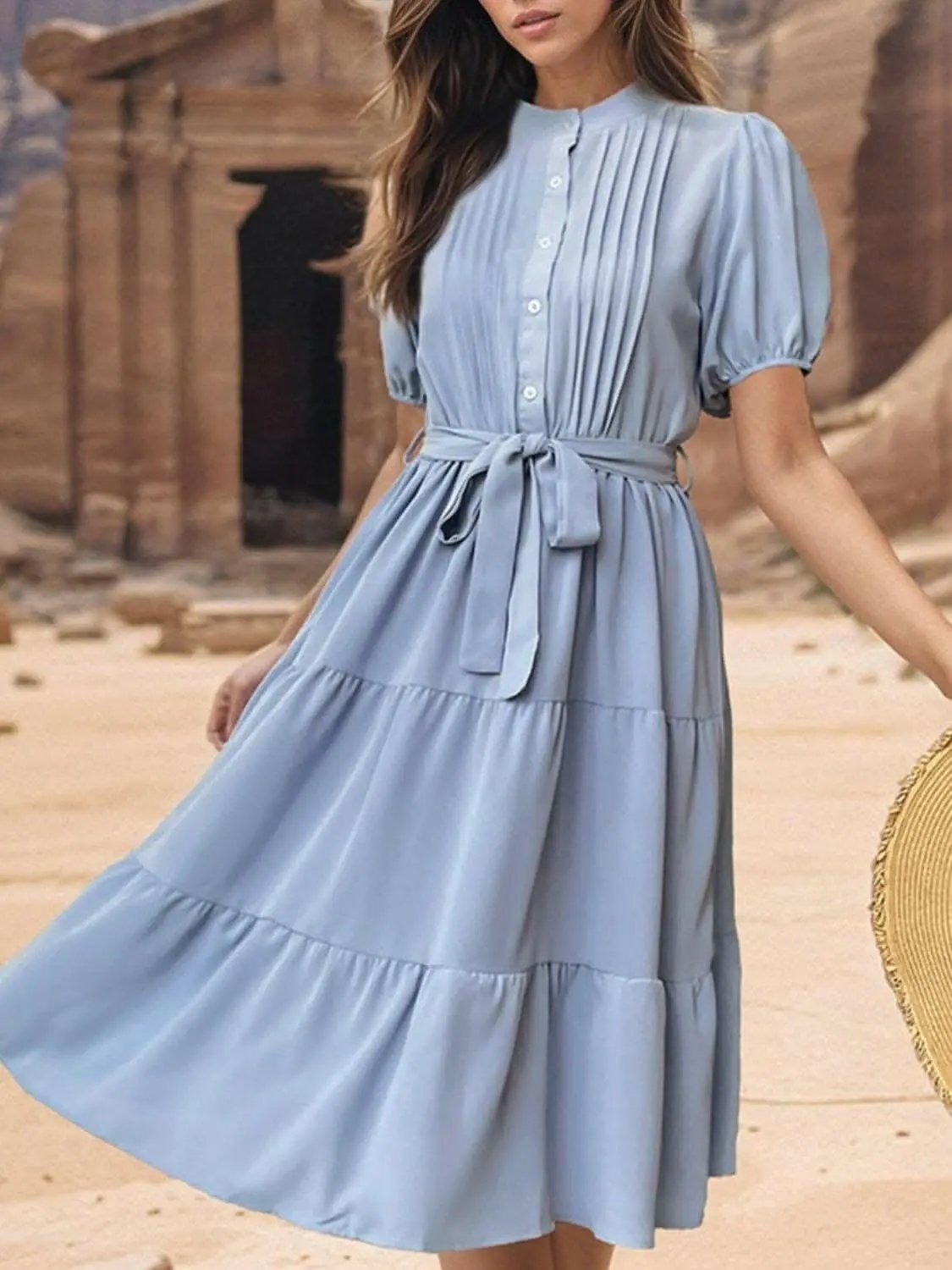 Trendsi Misty Blue Midi Dress with Tie Waist