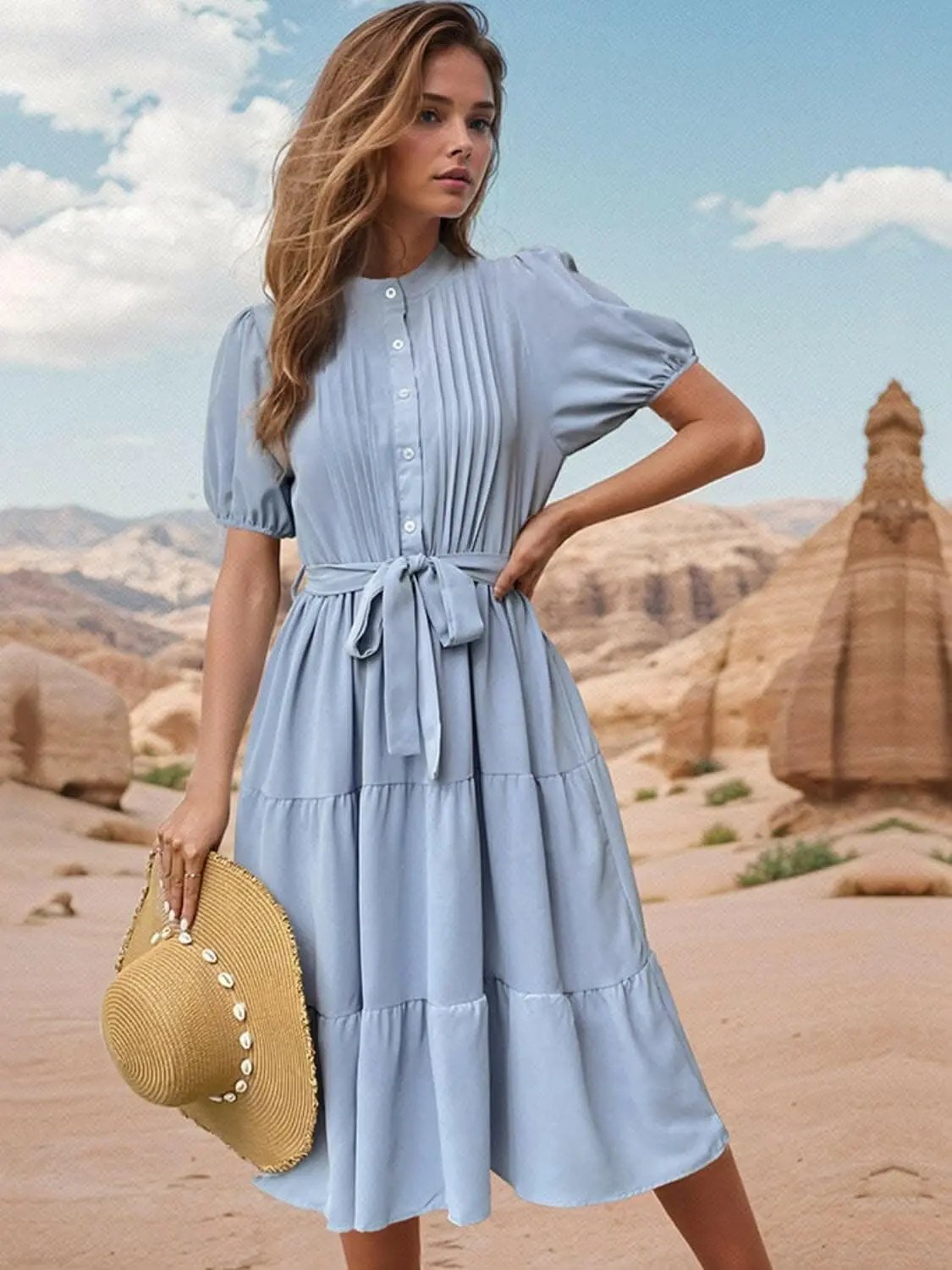 Trendsi Misty Blue Midi Dress with Tie Waist