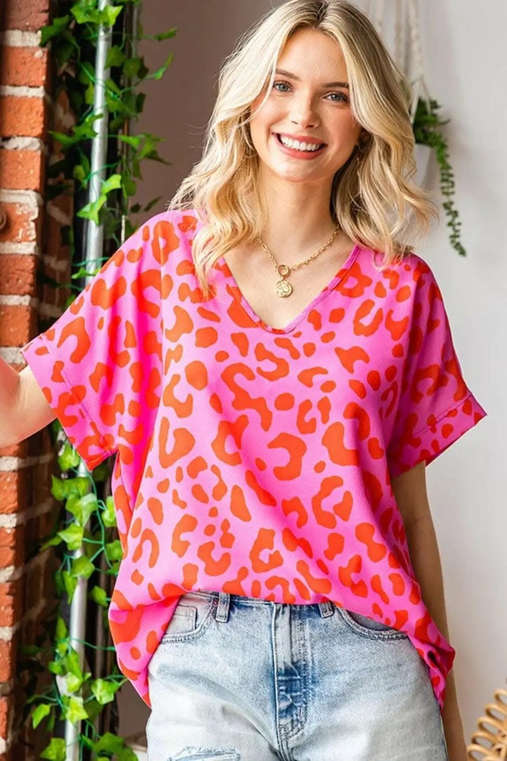 Dresses Trendsi First Love Leopard V-Neck Short Sleeve Woven Top