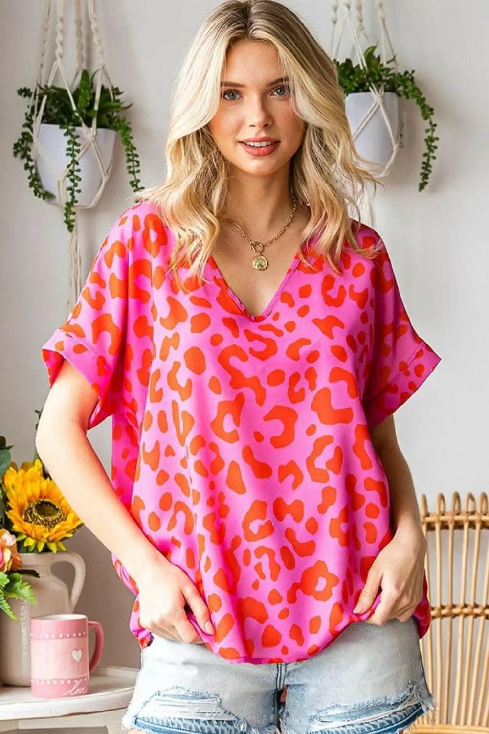 Dresses Trendsi First Love Leopard V-Neck Short Sleeve Woven Top
