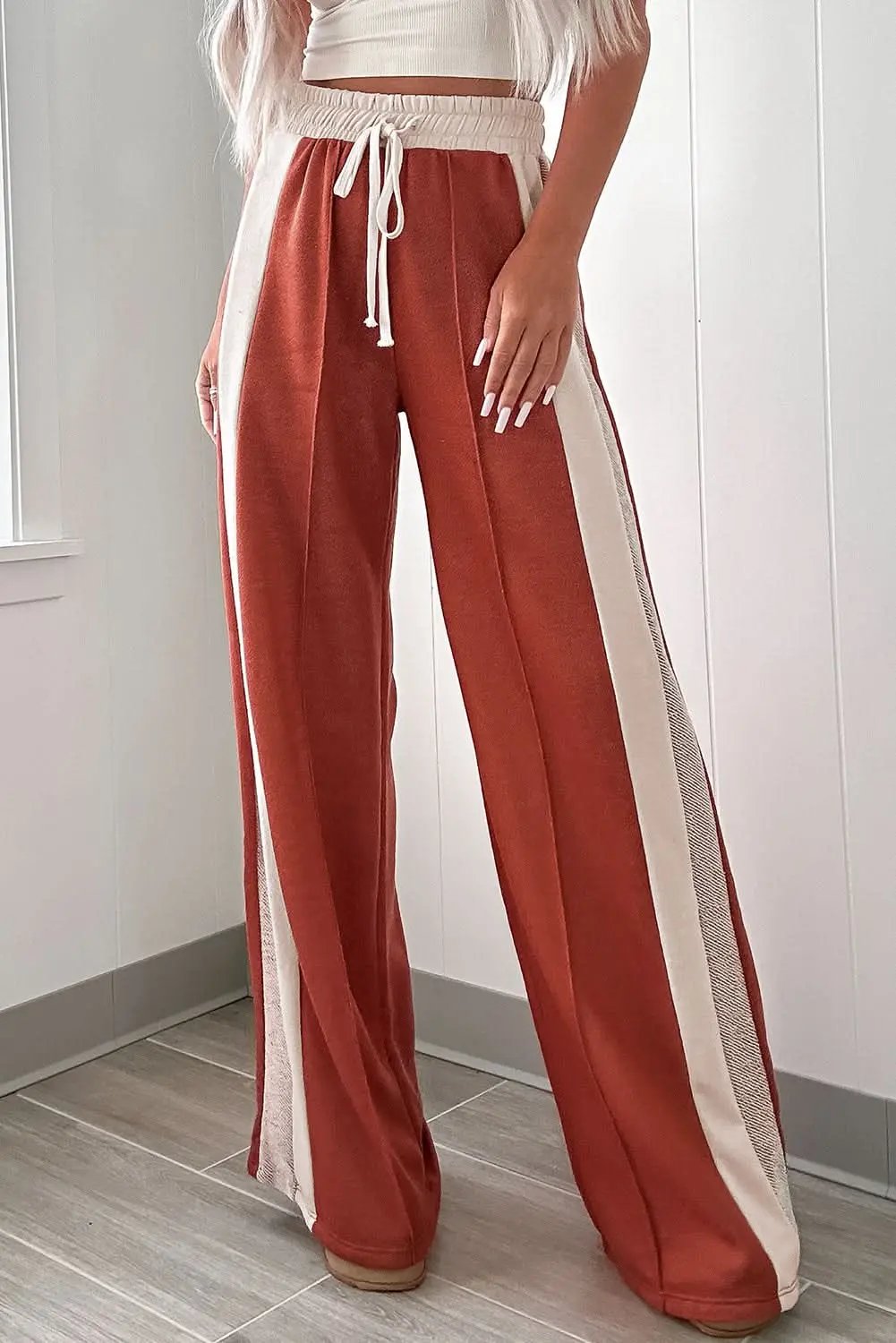 Love Salve Red Color Block Pants Women's Casual Wide Leg Trousers - High Waist, Drawstring