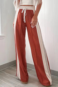 Love Salve Red Color Block Pants Women's Casual Wide Leg Trousers - High Waist, Drawstring