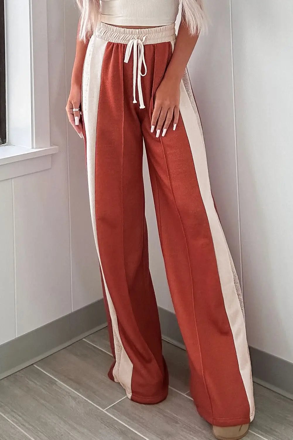 Love Salve Red Color Block Pants Women's Casual Wide Leg Trousers - High Waist, Drawstring