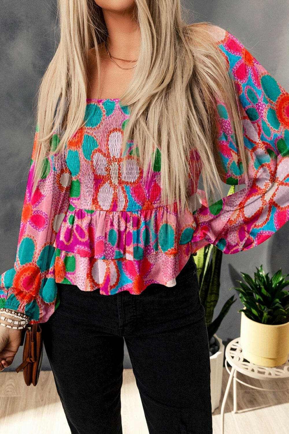Trendsi Floral Smocked Blouse With Ruffled Details — Premium Women's Top