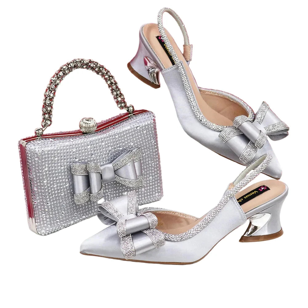 Med Heel Shoes for Women Italian Design Shoes and Bag Set ED1130
