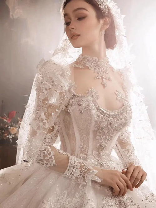 Crystal Long Sleeve Puffy Luxury Bridal Gown EDL102