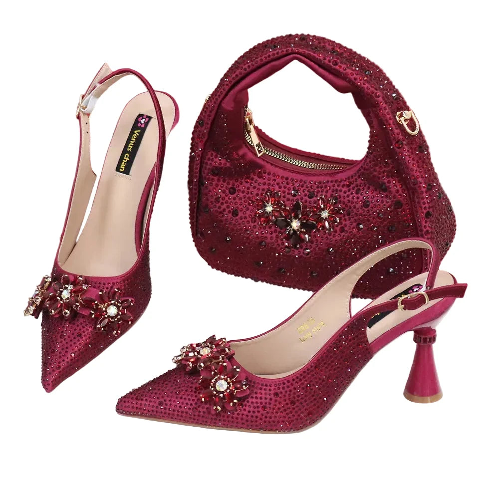 High Heels Shoes and Bags Set With Rhinestone