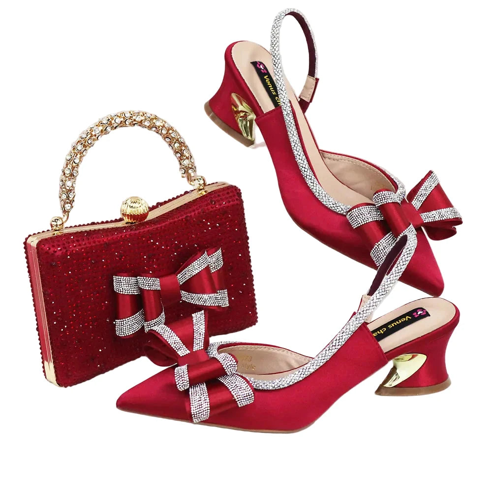 Med Heel Shoes for Women Italian Design Shoes and Bag Set ED1130