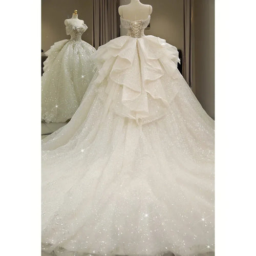 Exquisite White Wedding Dress Boat Neck EDL451