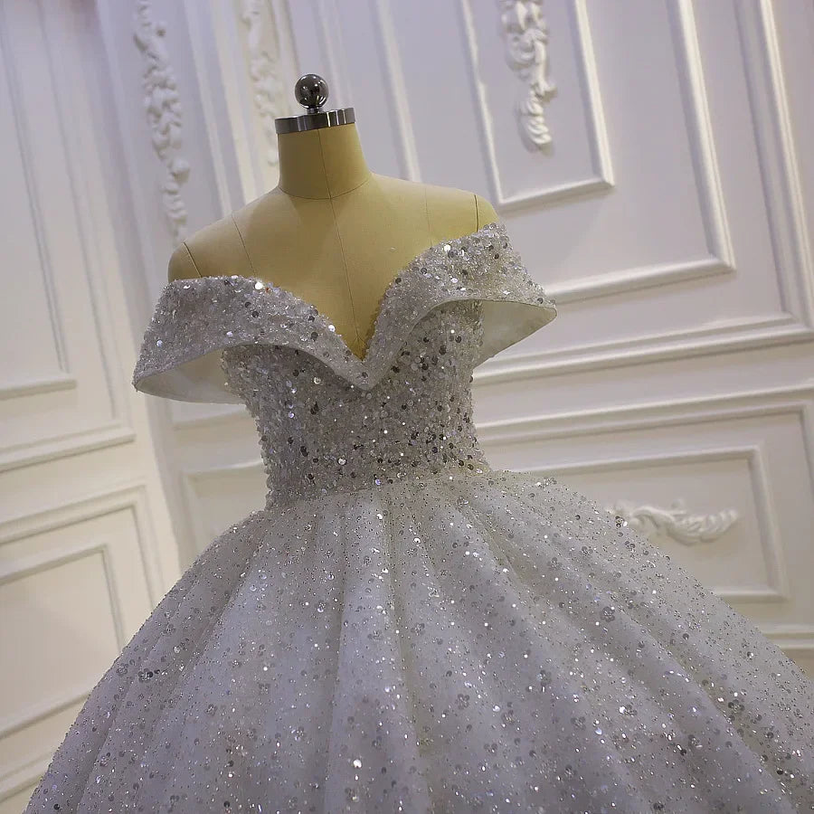Luxurious Off-Shoulder Wedding Dress With Shiny Beads EDL178