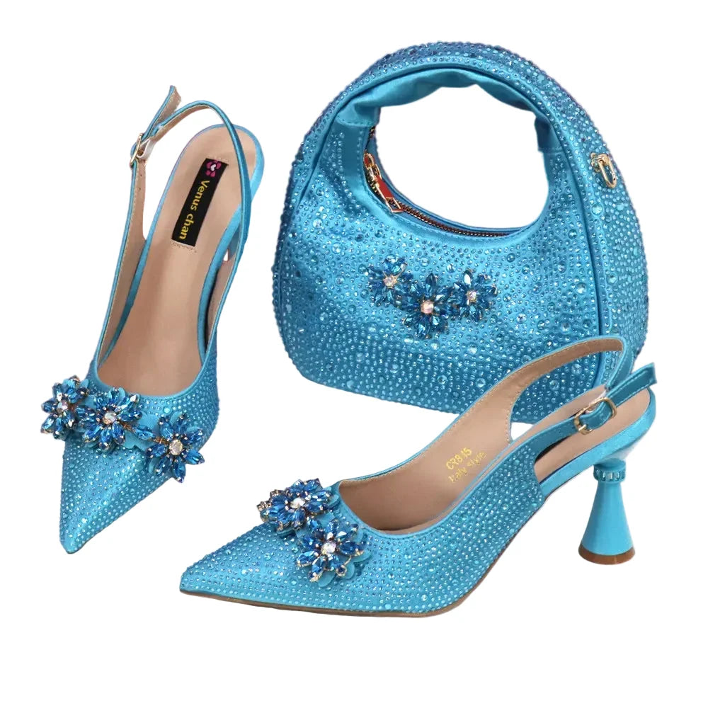 High Heels Shoes and Bags Set With Rhinestone