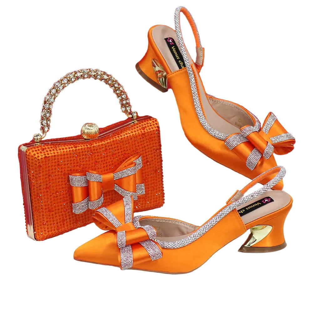 Med Heel Shoes for Women Italian Design Shoes and Bag Set ED1130