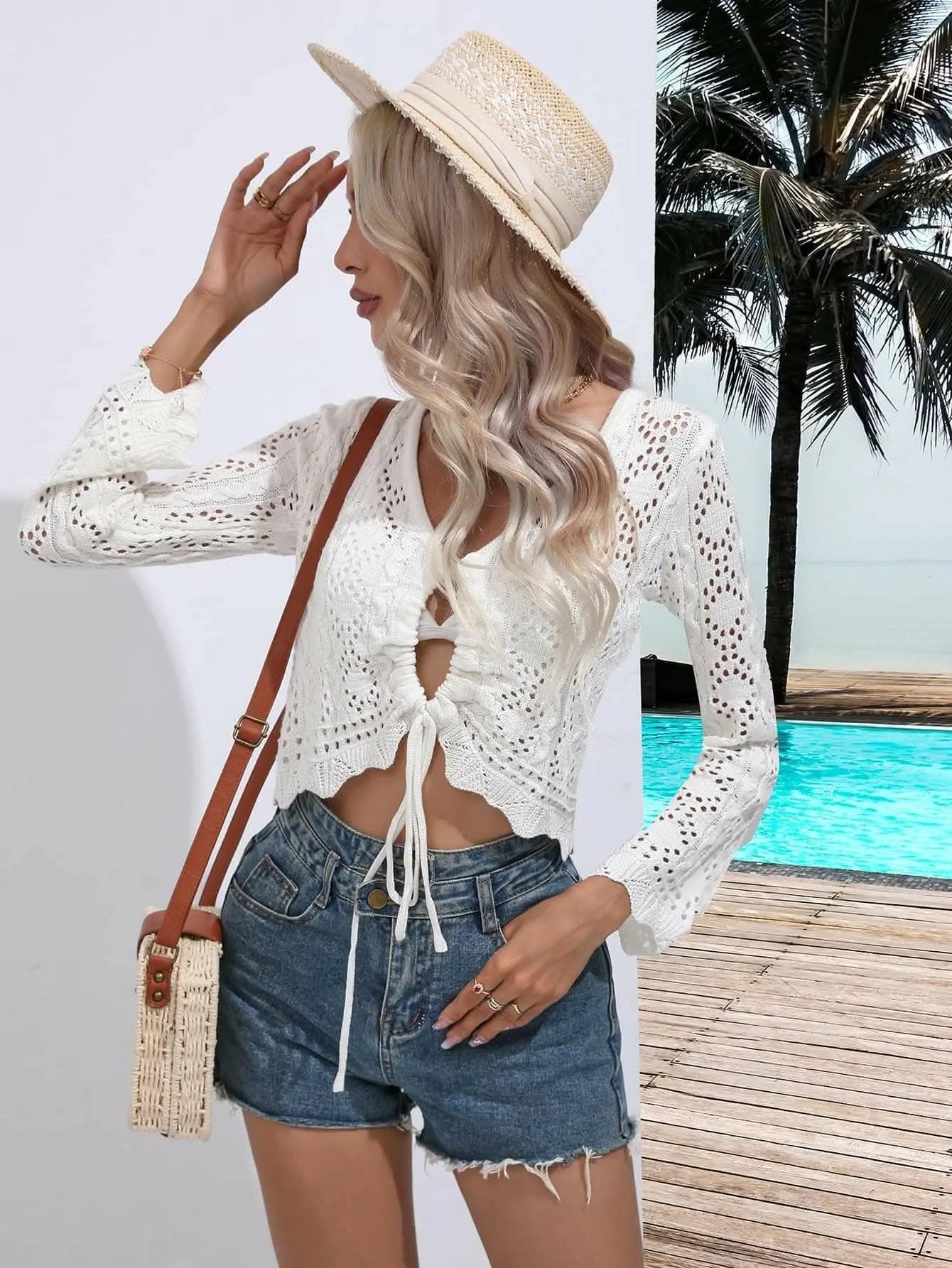T-Shirts Trendsi swimwear - V-neck drawstring beach cover-up