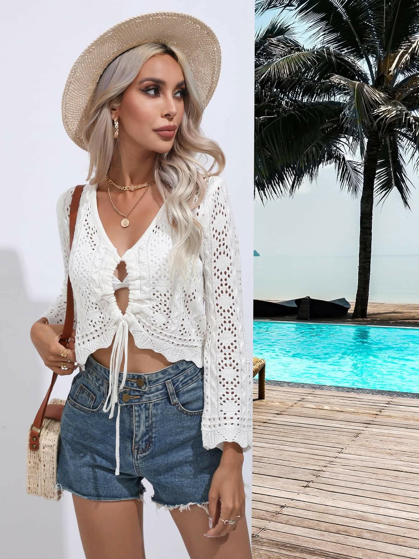 T-Shirts Trendsi swimwear - V-neck drawstring beach cover-up