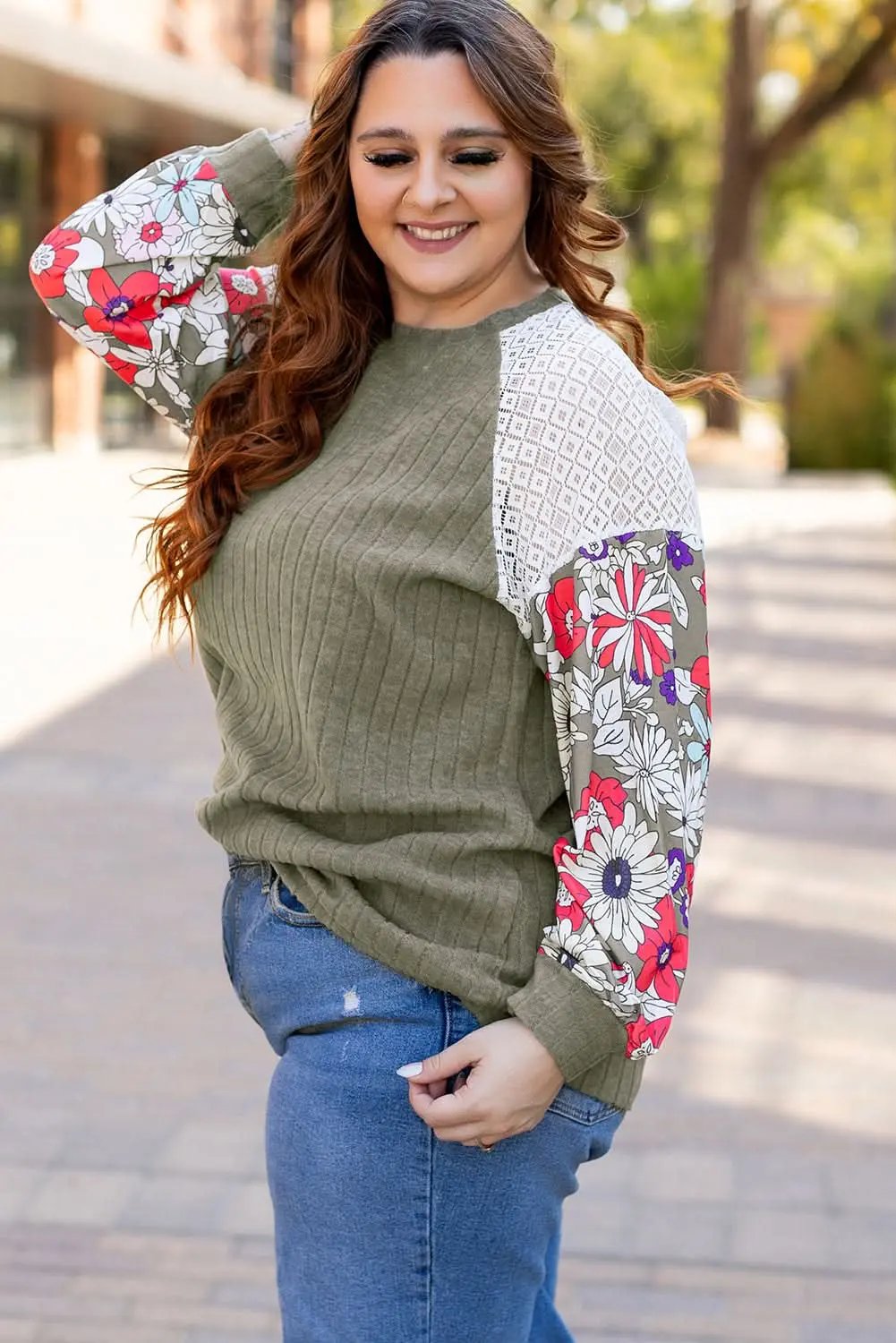 Accessories Love Salve Green Floral Blouse Women's Daily Elegant Top: Plus Size, Ribbed