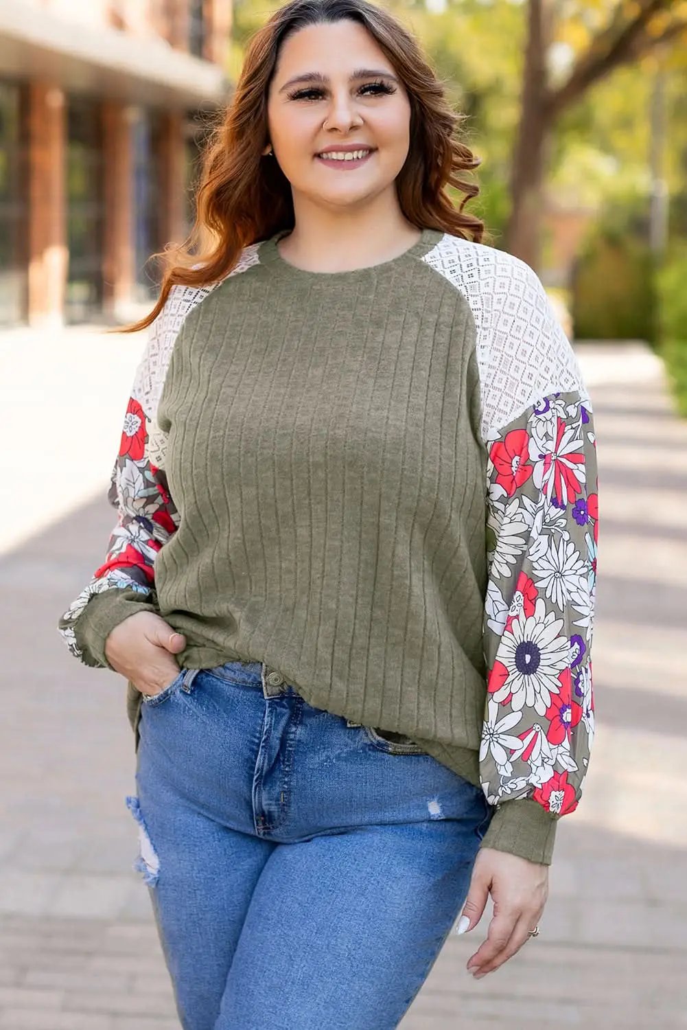 Accessories Love Salve Green Floral Blouse Women's Daily Elegant Top: Plus Size, Ribbed