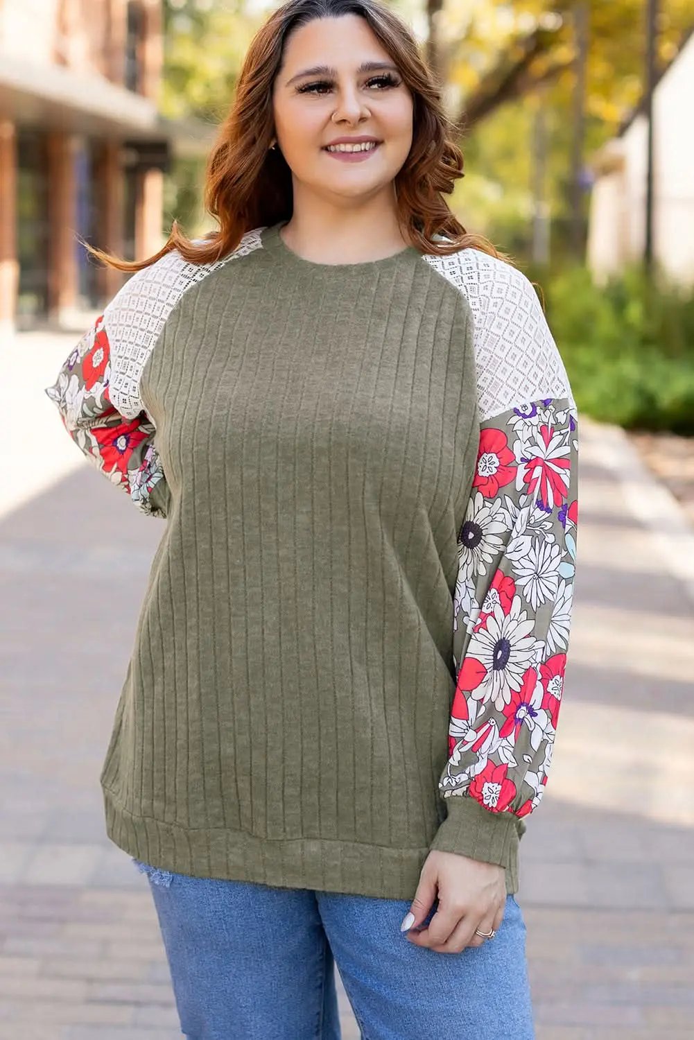 Accessories Love Salve Green Floral Blouse Women's Daily Elegant Top: Plus Size, Ribbed