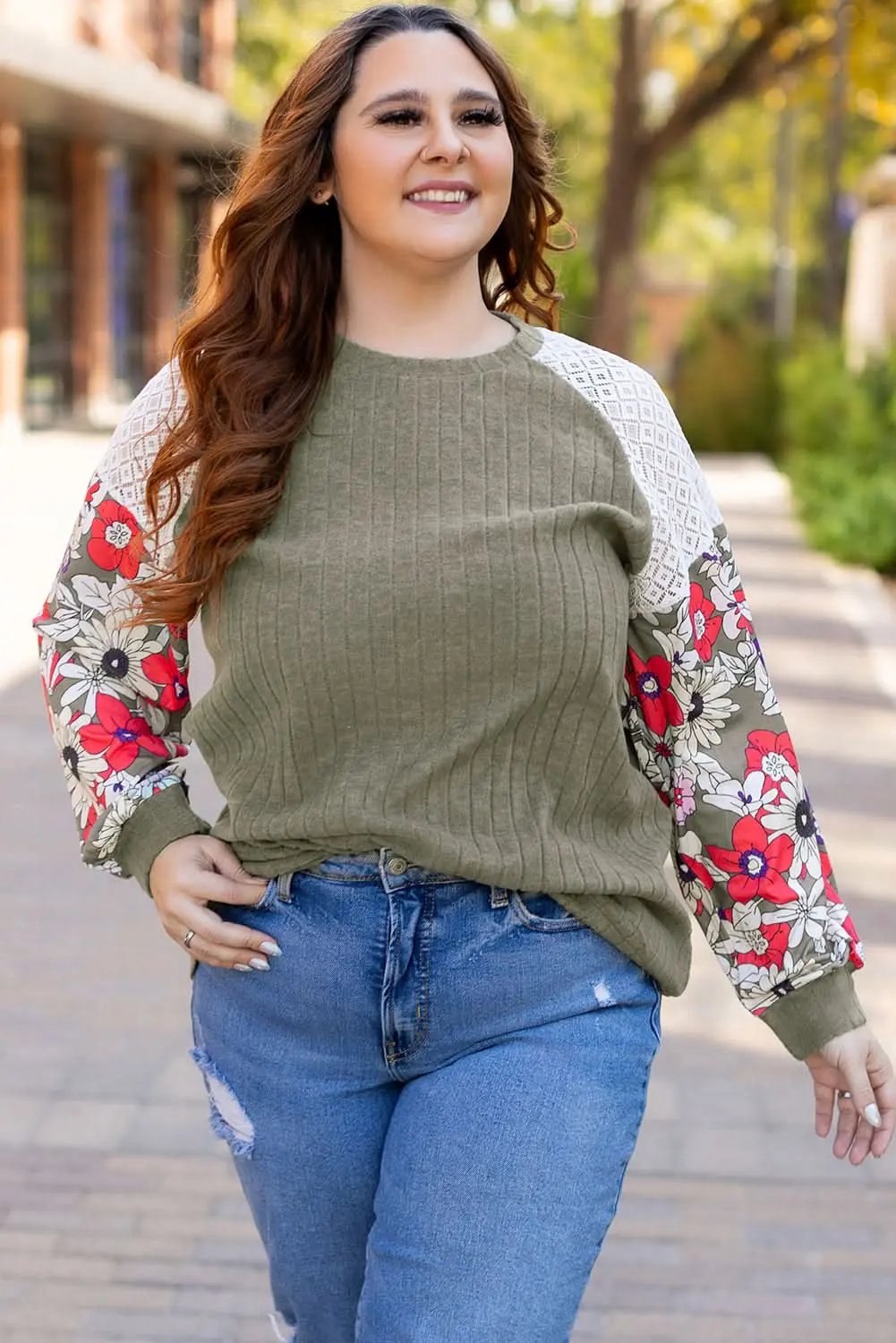 Accessories Love Salve Green Floral Blouse Women's Daily Elegant Top: Plus Size, Ribbed