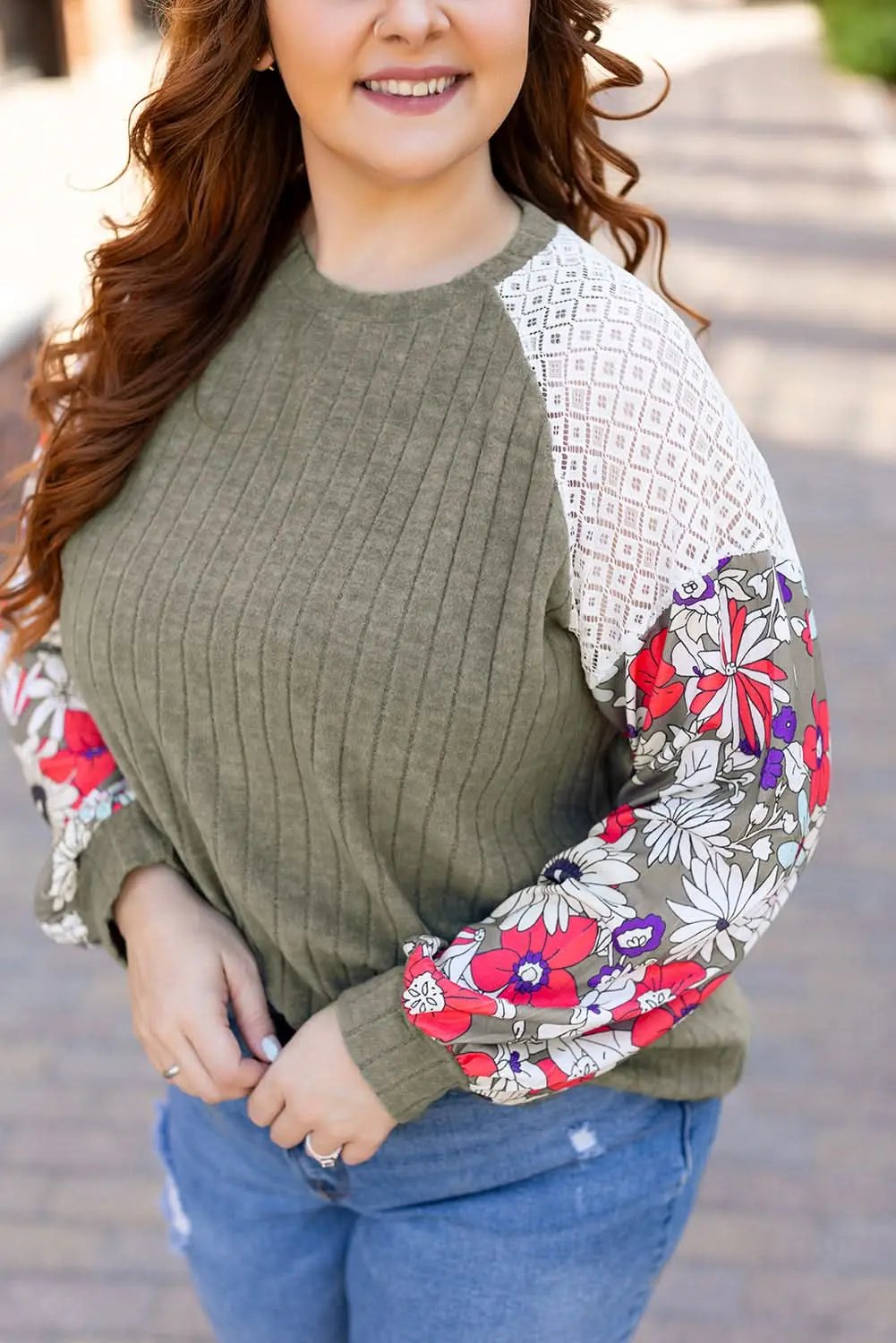 Accessories Love Salve Green Floral Blouse Women's Daily Elegant Top: Plus Size, Ribbed