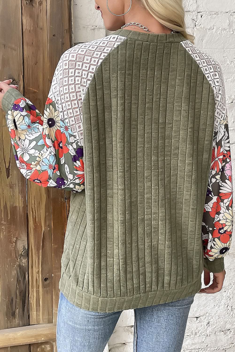 Accessories Love Salve Green Floral Blouse Women's Daily Elegant Top: Plus Size, Ribbed