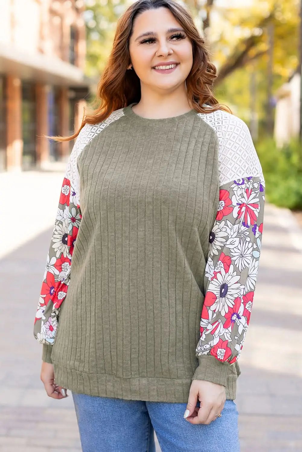 Accessories Love Salve Green Floral Blouse Women's Daily Elegant Top: Plus Size, Ribbed