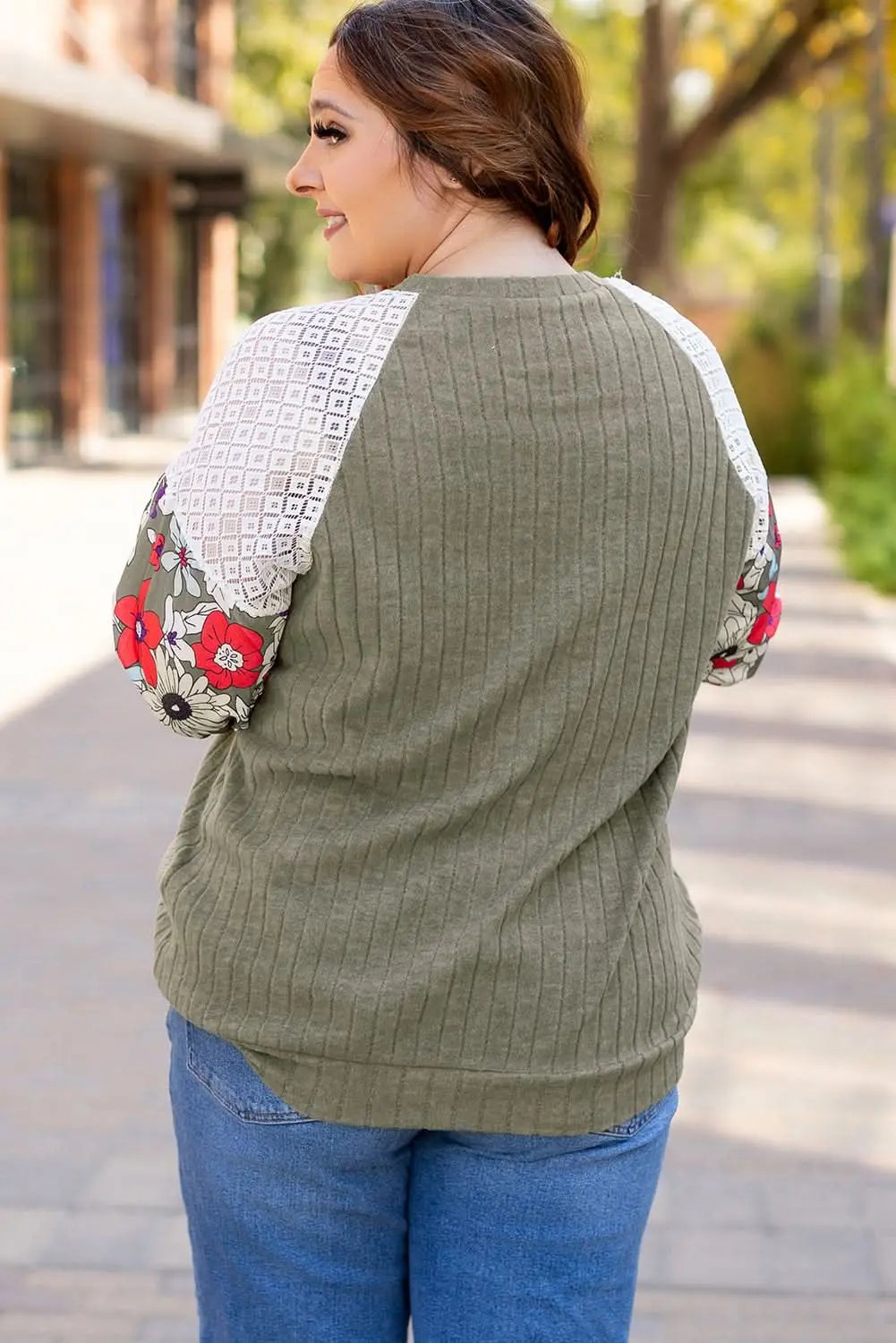 Accessories Love Salve Green Floral Blouse Women's Daily Elegant Top: Plus Size, Ribbed