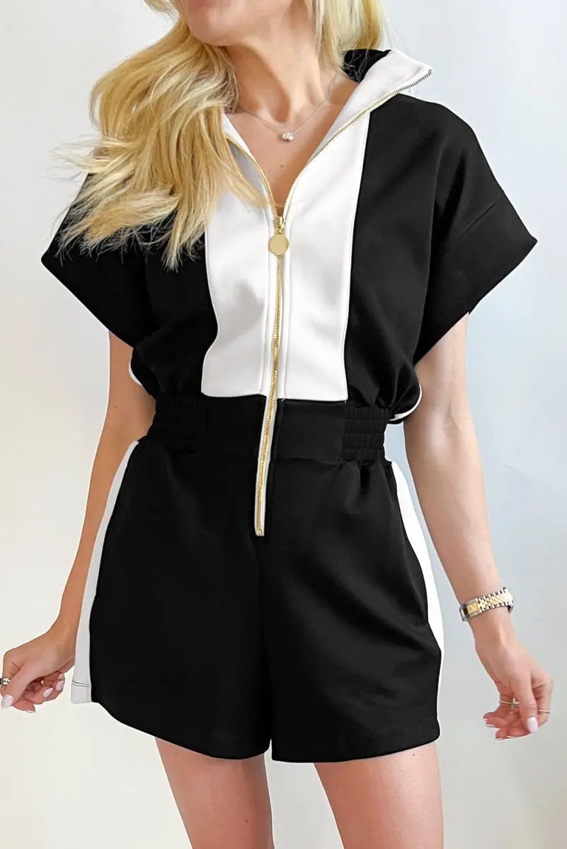 Dresses Love Salve Black Romper Women's Casual Summer Outfit - Contrast Collar, Zip Front