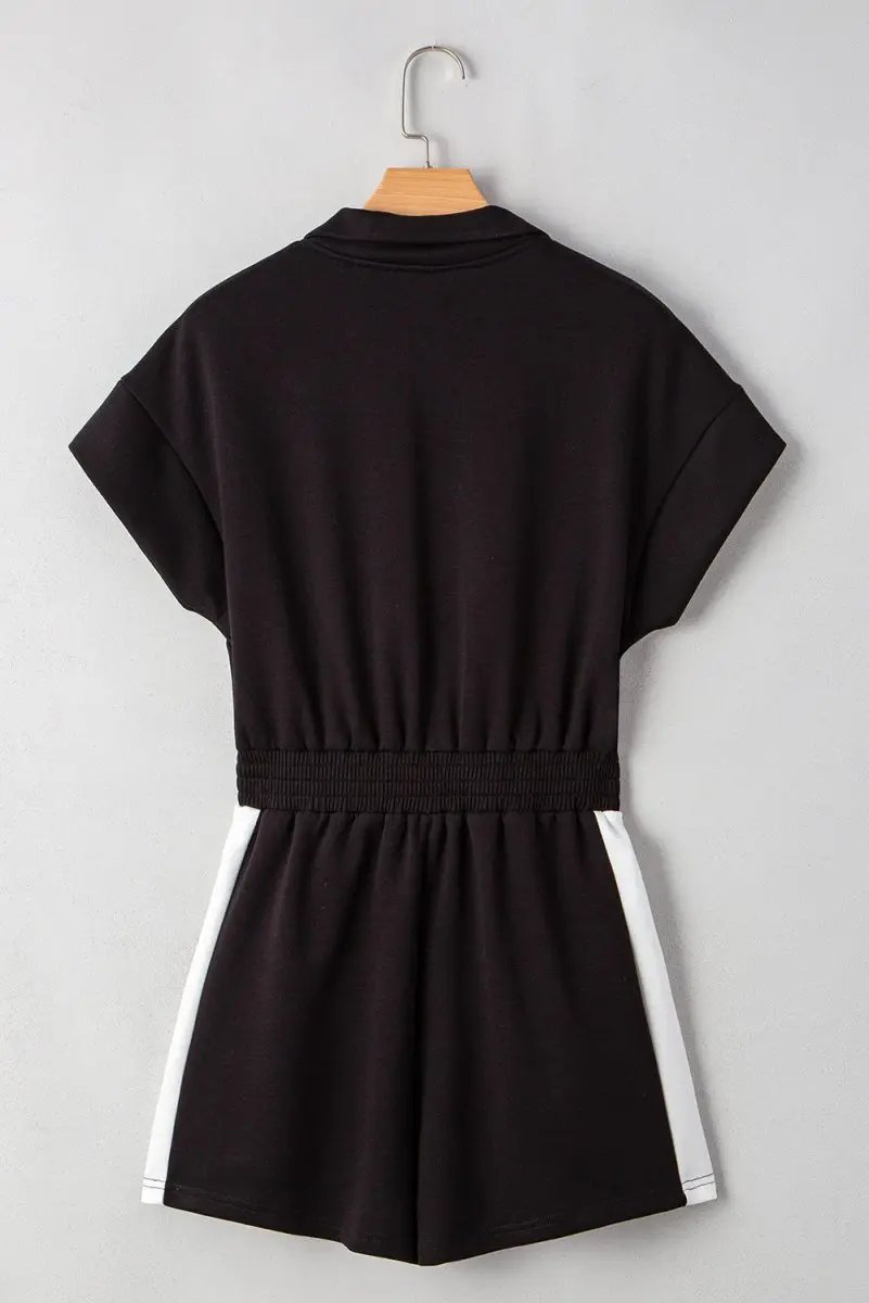 Dresses Love Salve Black Romper Women's Casual Summer Outfit - Contrast Collar, Zip Front
