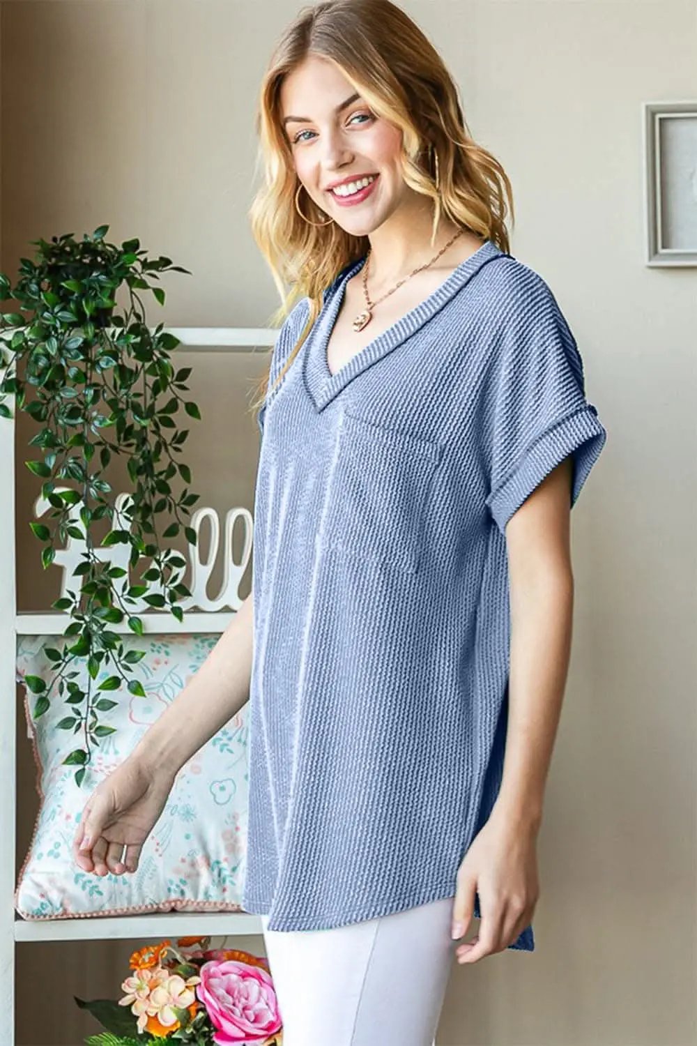 Trendsi Women's Ribbed T-Shirt With Front Pocket — Casual Comfort