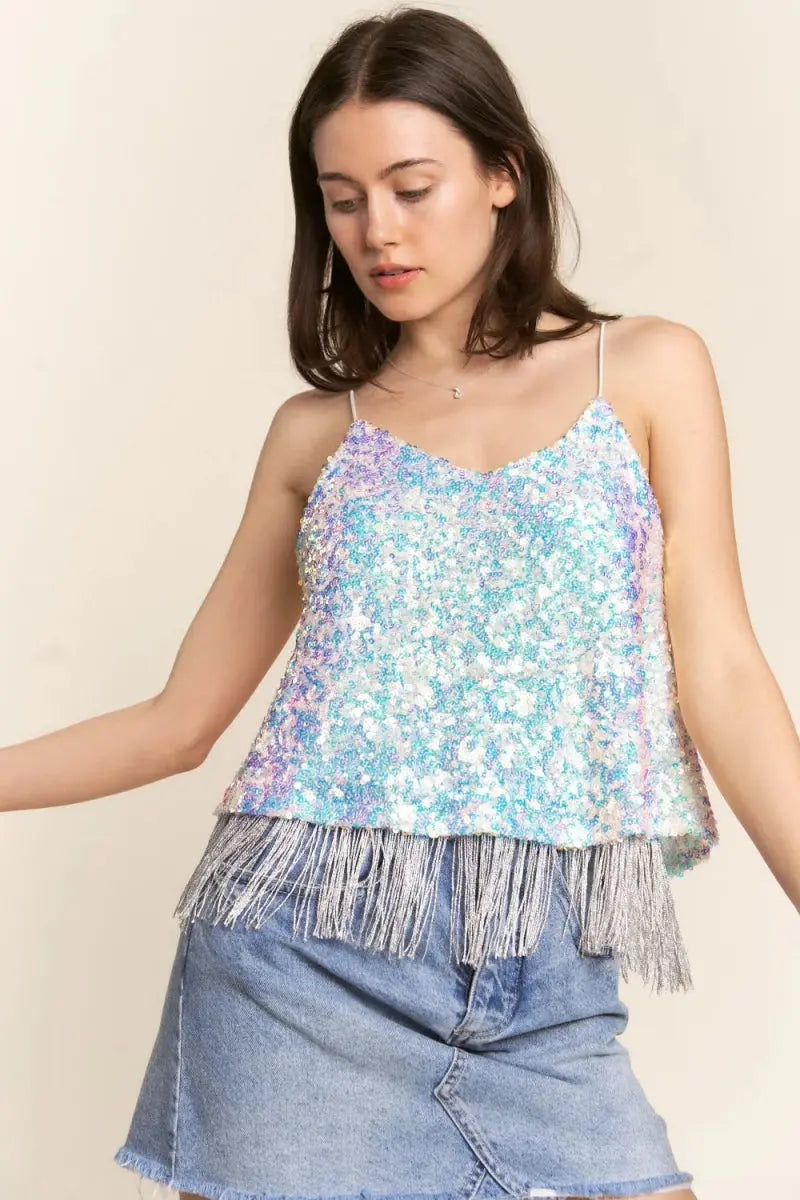 Sequin Cami Top by Trendsi - Tassel Hem Party Top