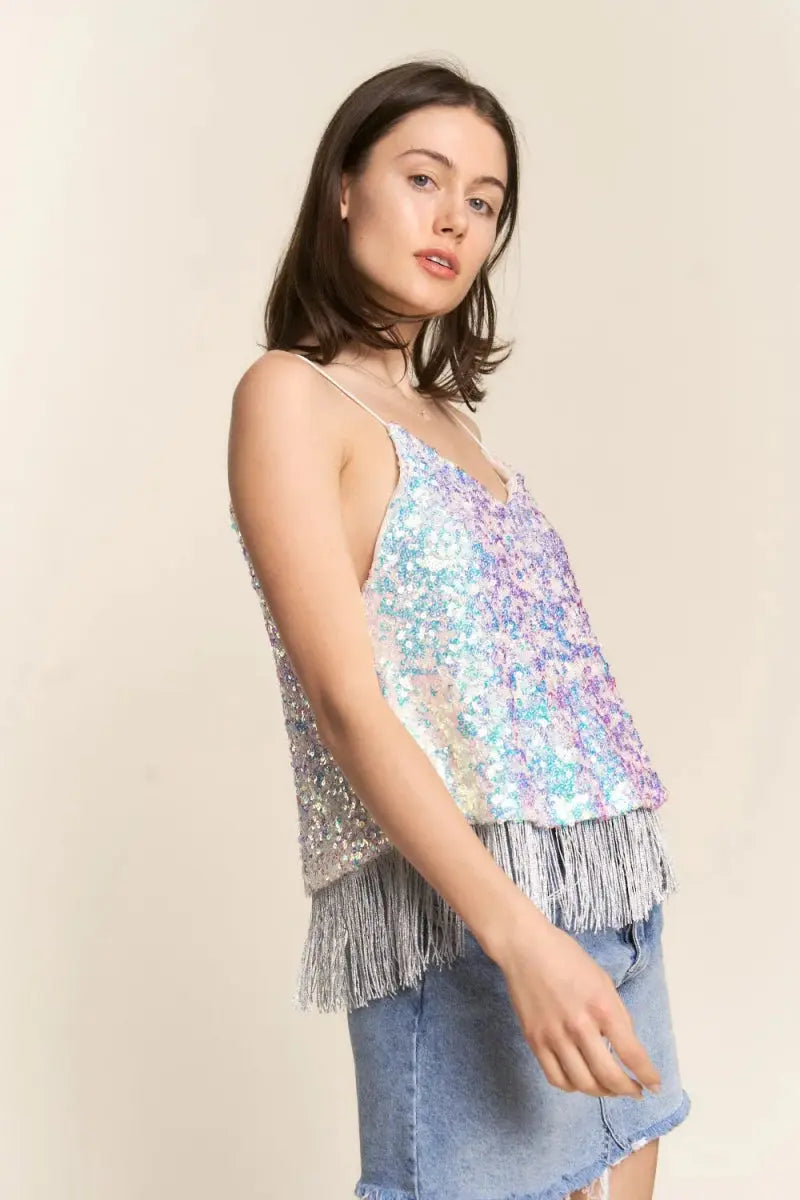 Sequin Cami Top by Trendsi - Tassel Hem Party Top