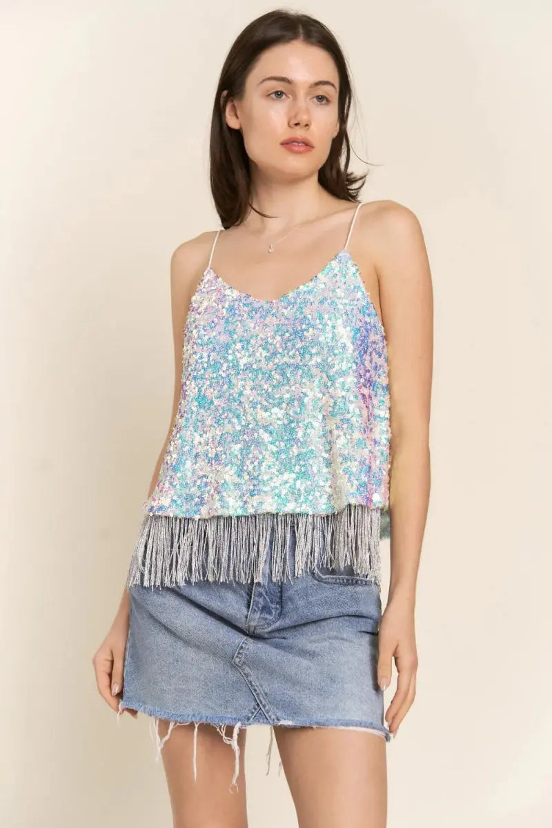 Sequin Cami Top by Trendsi - Tassel Hem Party Top