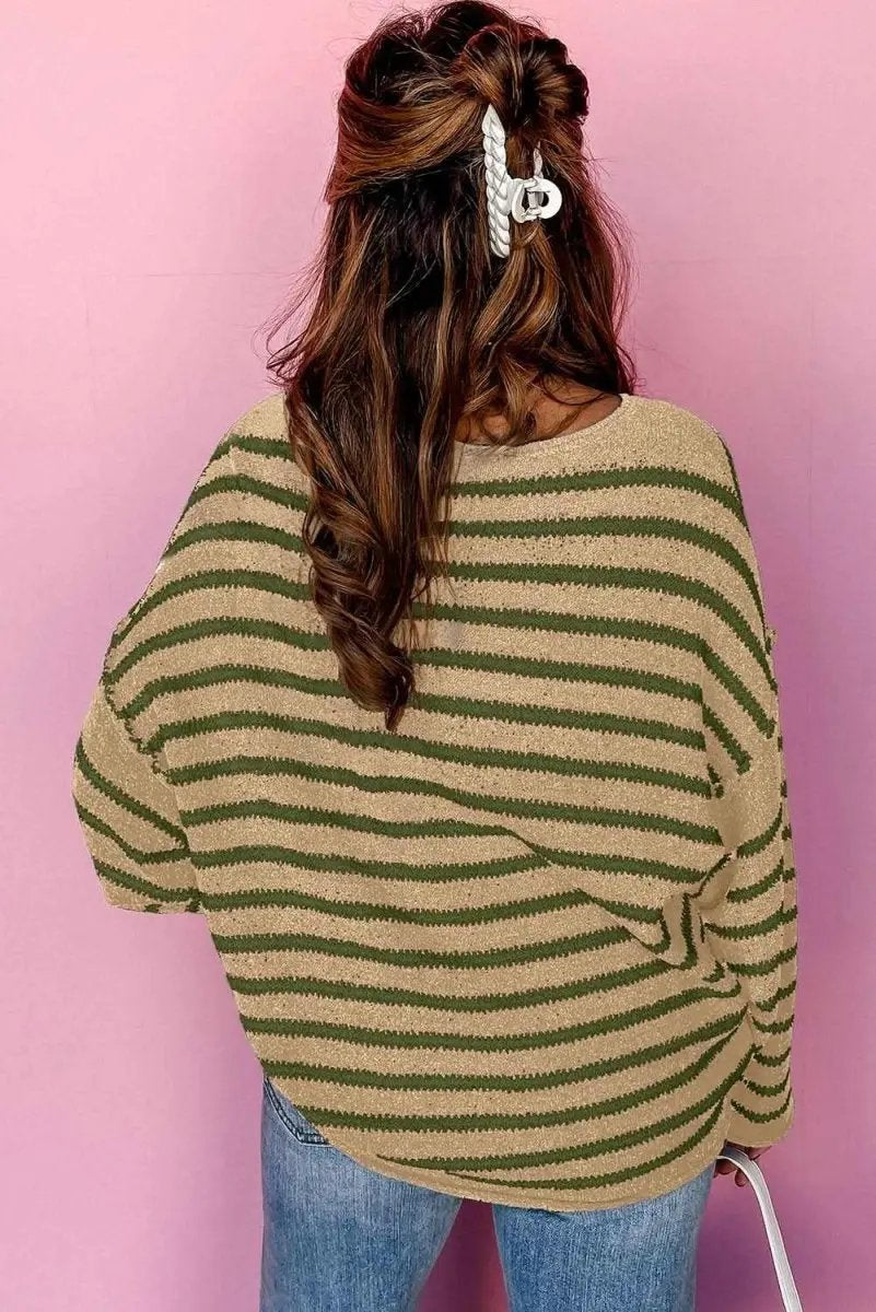 Sweaters Love Salve Khaki Stripe Women's Casual Sweater Comfy Drop Shoulder Knit Top