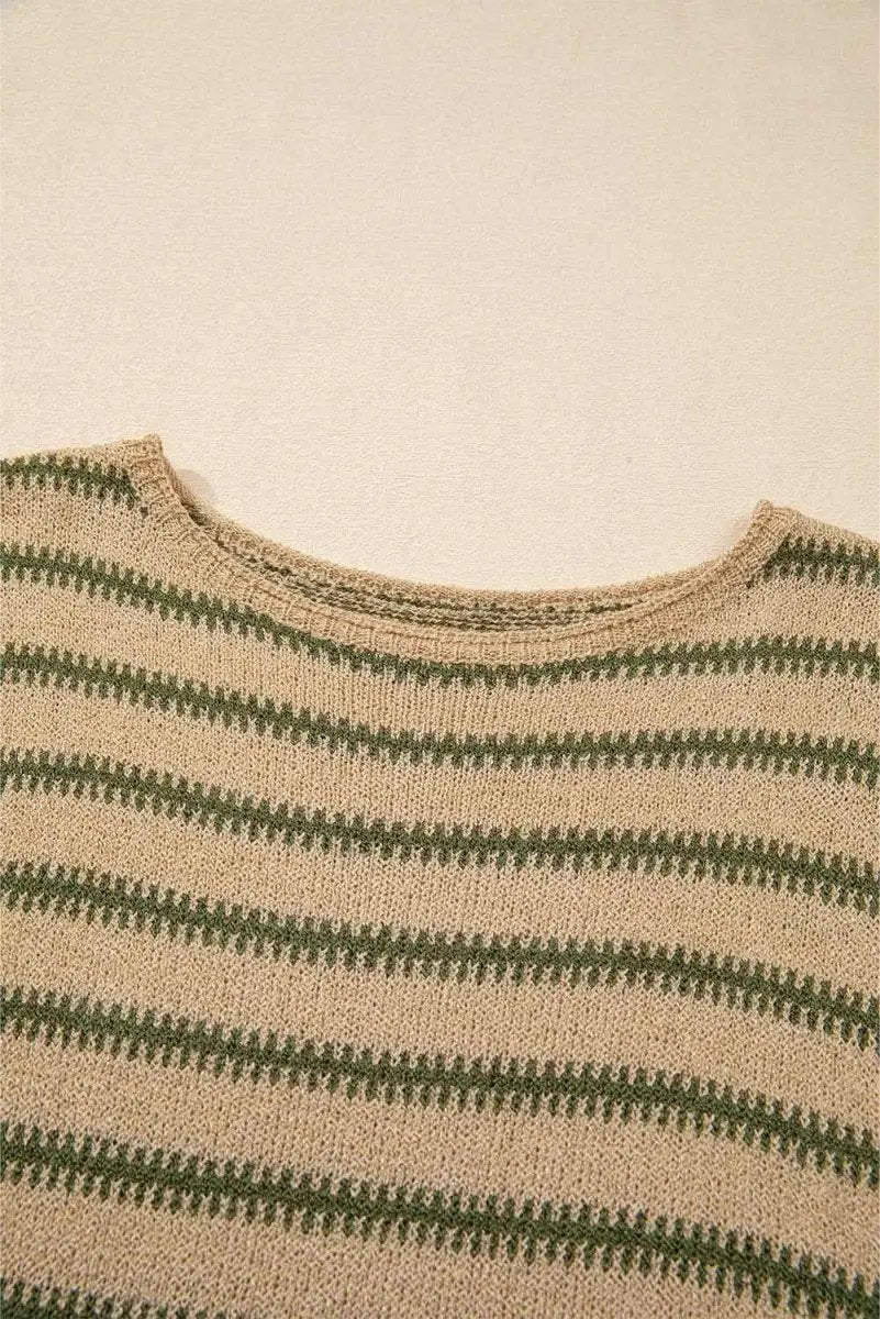 Sweaters Love Salve Khaki Stripe Women's Casual Sweater Comfy Drop Shoulder Knit Top