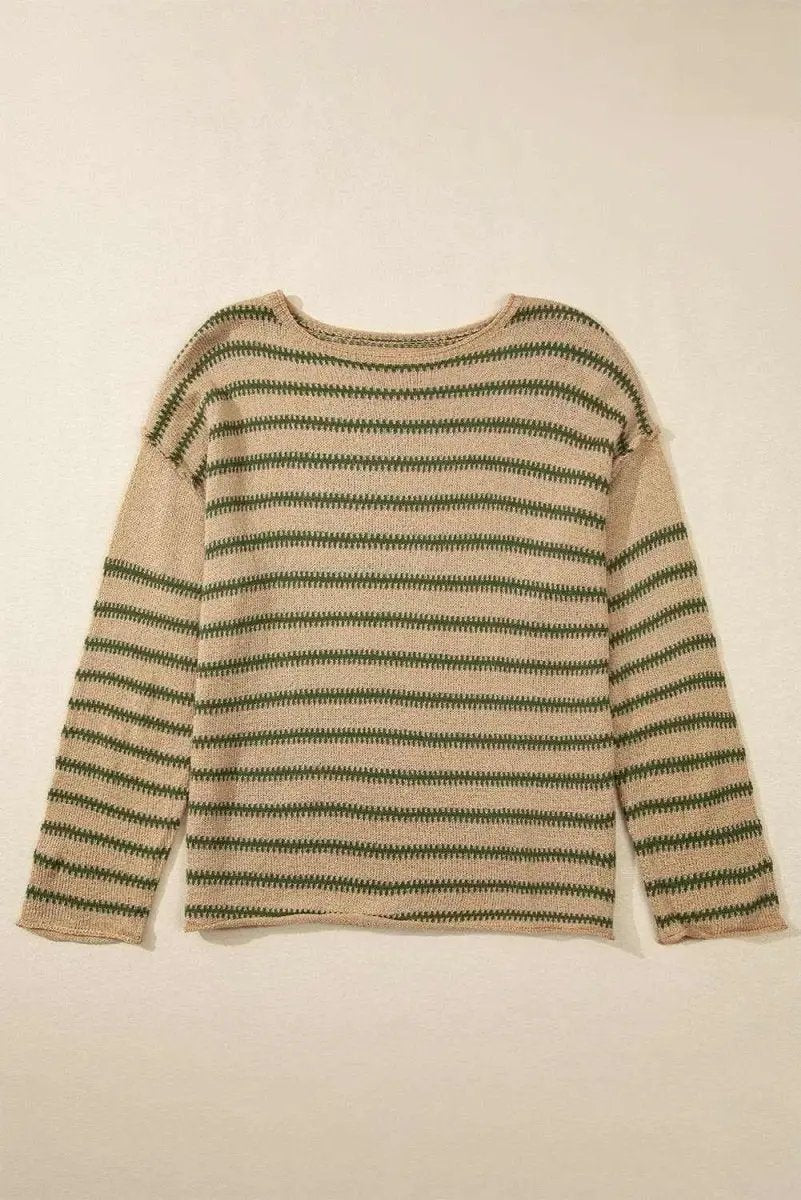Sweaters Love Salve Khaki Stripe Women's Casual Sweater Comfy Drop Shoulder Knit Top