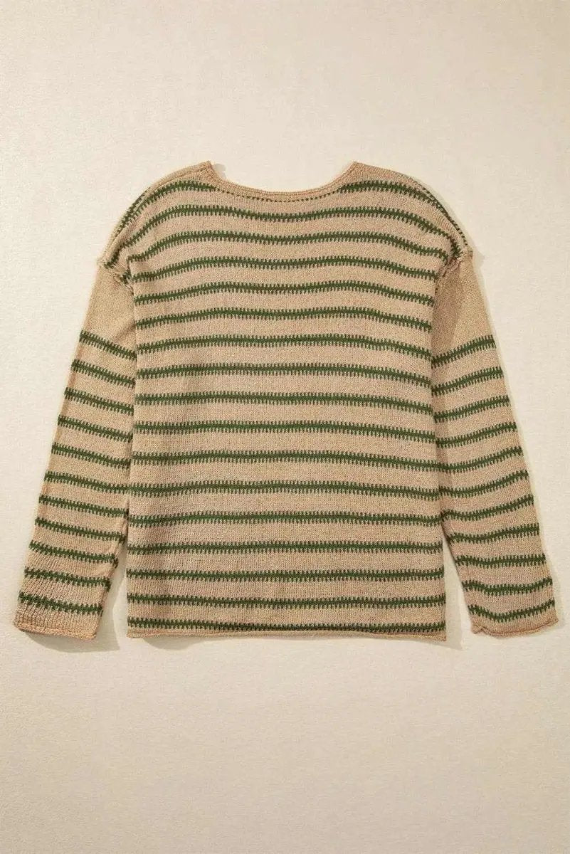 Sweaters Love Salve Khaki Stripe Women's Casual Sweater Comfy Drop Shoulder Knit Top