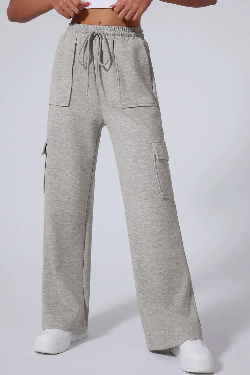 Love Salve Light Grey Lace-Up Women's Wide Leg Active Pants: Workout & Casual