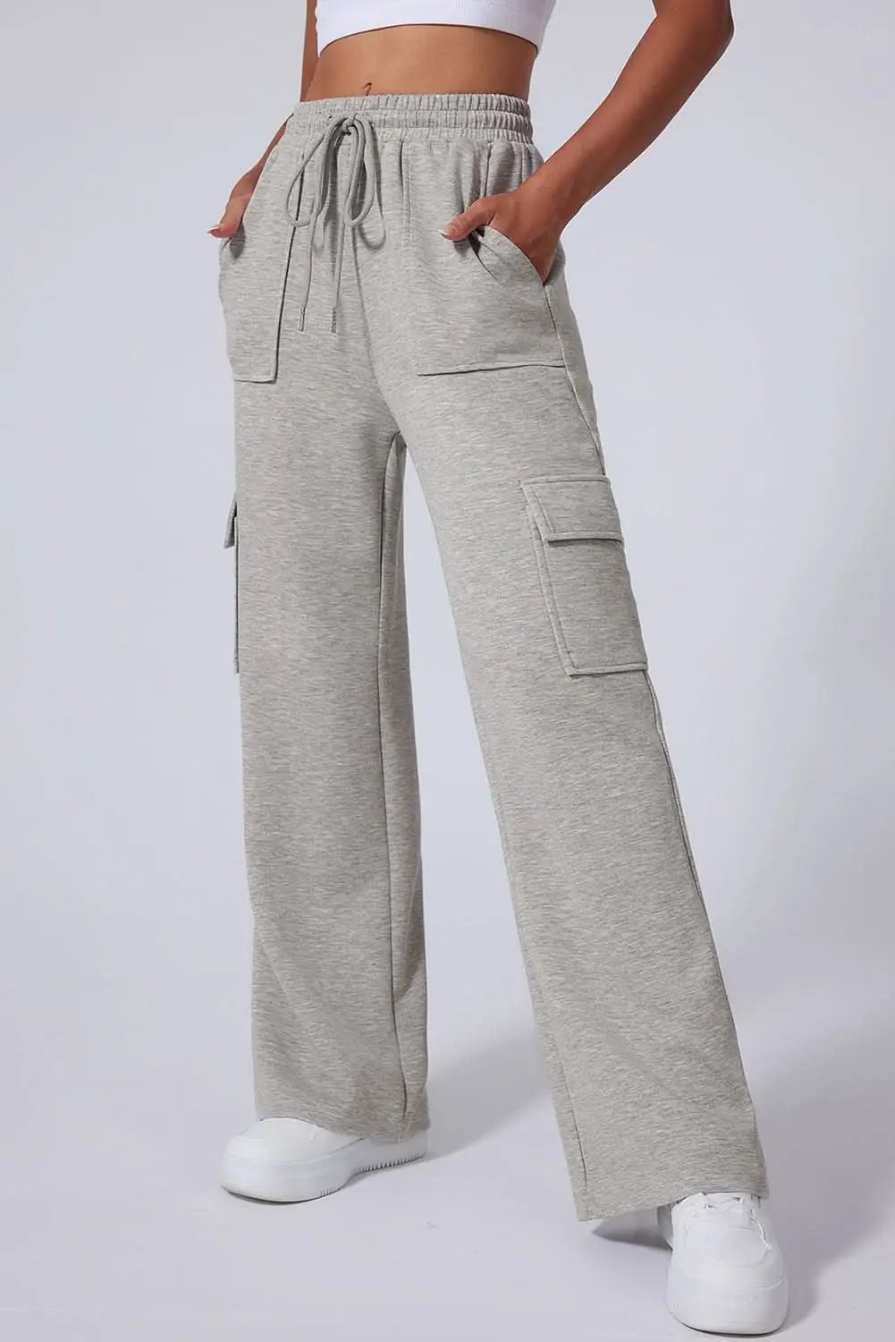 Love Salve Light Grey Lace-Up Women's Wide Leg Active Pants: Workout & Casual