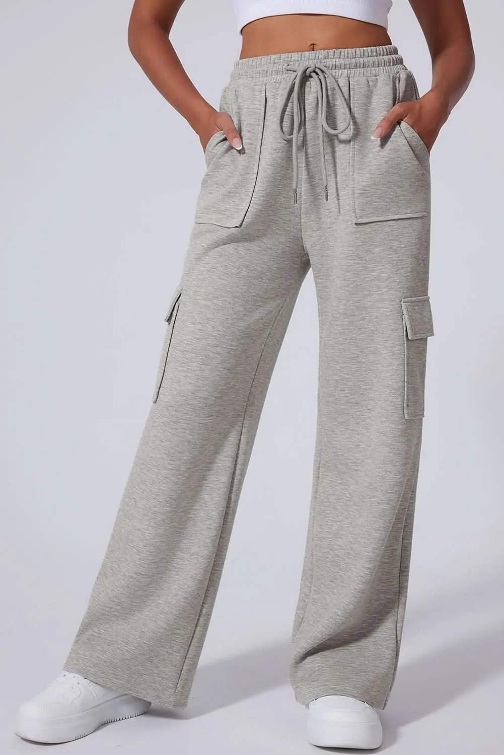 Love Salve Light Grey Lace-Up Women's Wide Leg Active Pants: Workout & Casual