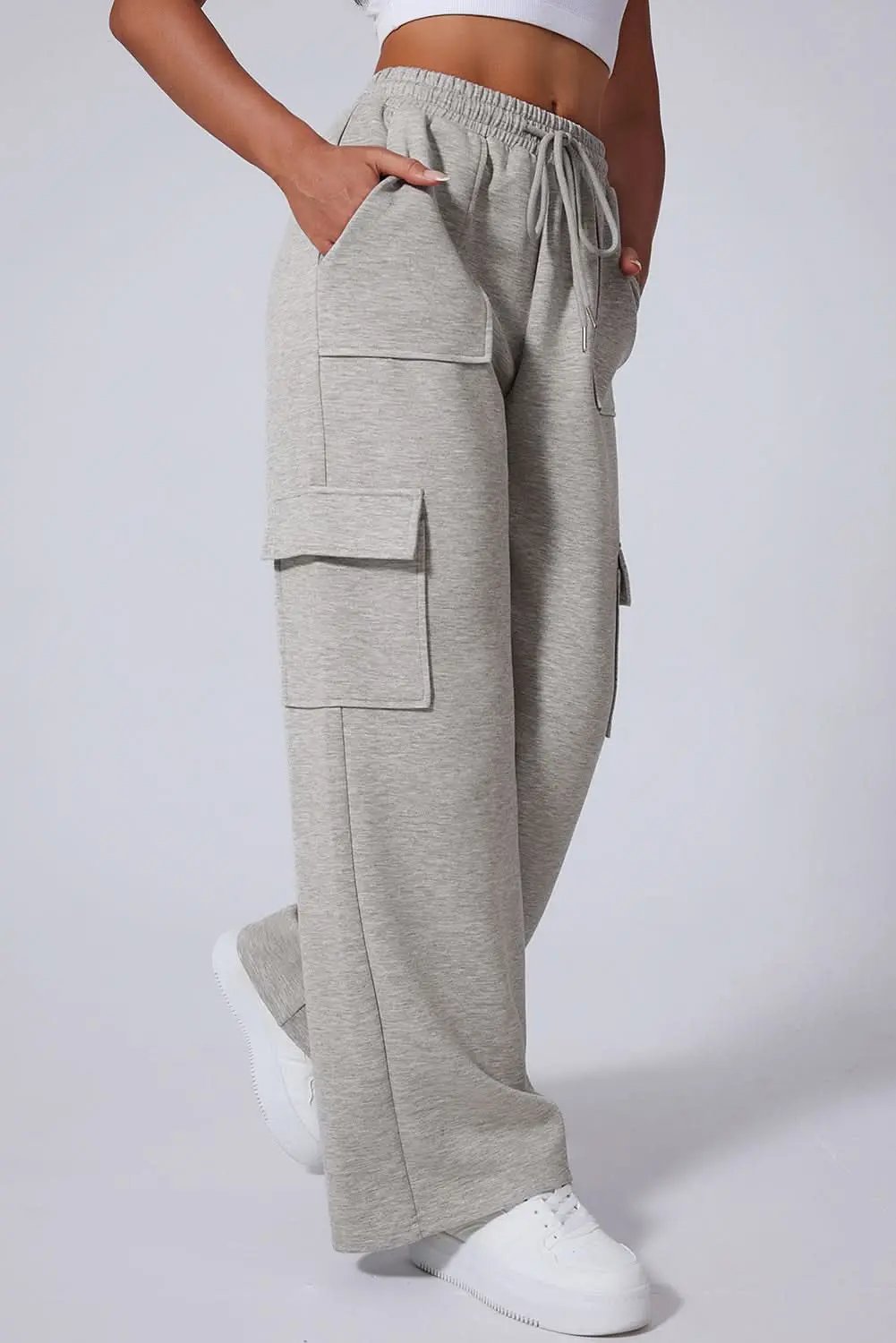 Love Salve Light Grey Lace-Up Women's Wide Leg Active Pants: Workout & Casual