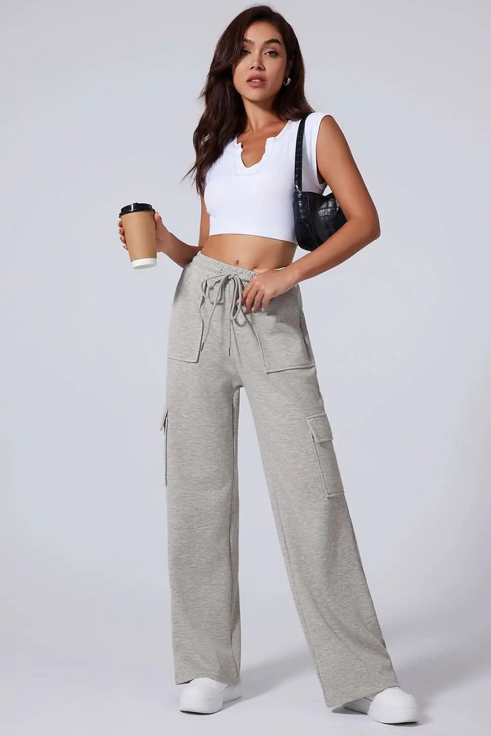Love Salve Light Grey Lace-Up Women's Wide Leg Active Pants: Workout & Casual