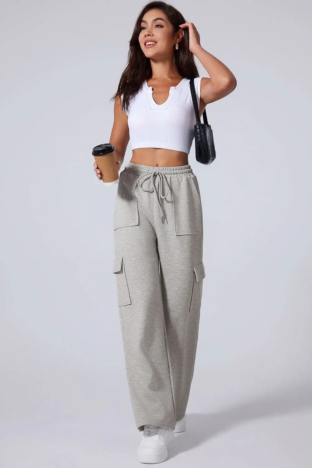 Love Salve Light Grey Lace-Up Women's Wide Leg Active Pants: Workout & Casual
