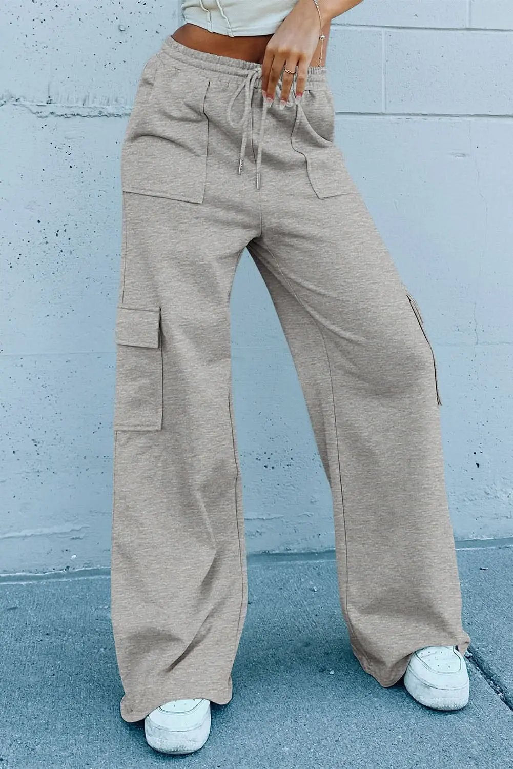 Love Salve Light Grey Lace-Up Women's Wide Leg Active Pants: Workout & Casual