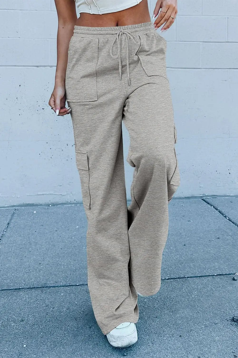 Love Salve Light Grey Lace-Up Women's Wide Leg Active Pants: Workout & Casual