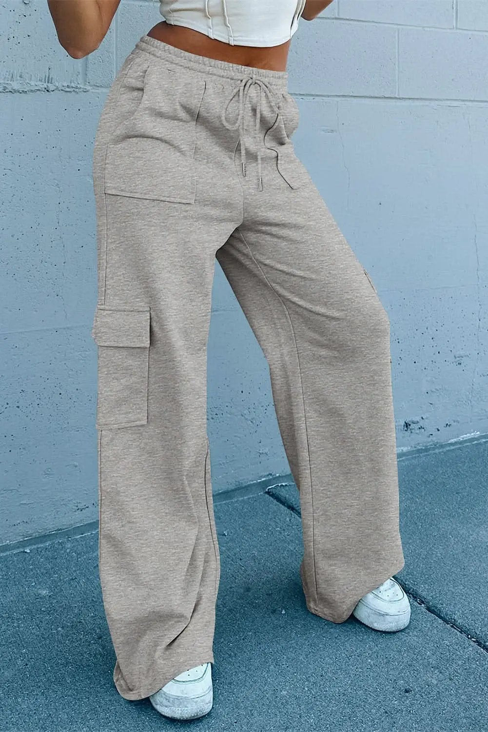 Love Salve Light Grey Lace-Up Women's Wide Leg Active Pants: Workout & Casual